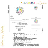 Rainbow Tie Dye Happy Thank You Note Card Stationery • Fill in Blank, Lined or Blank Cards