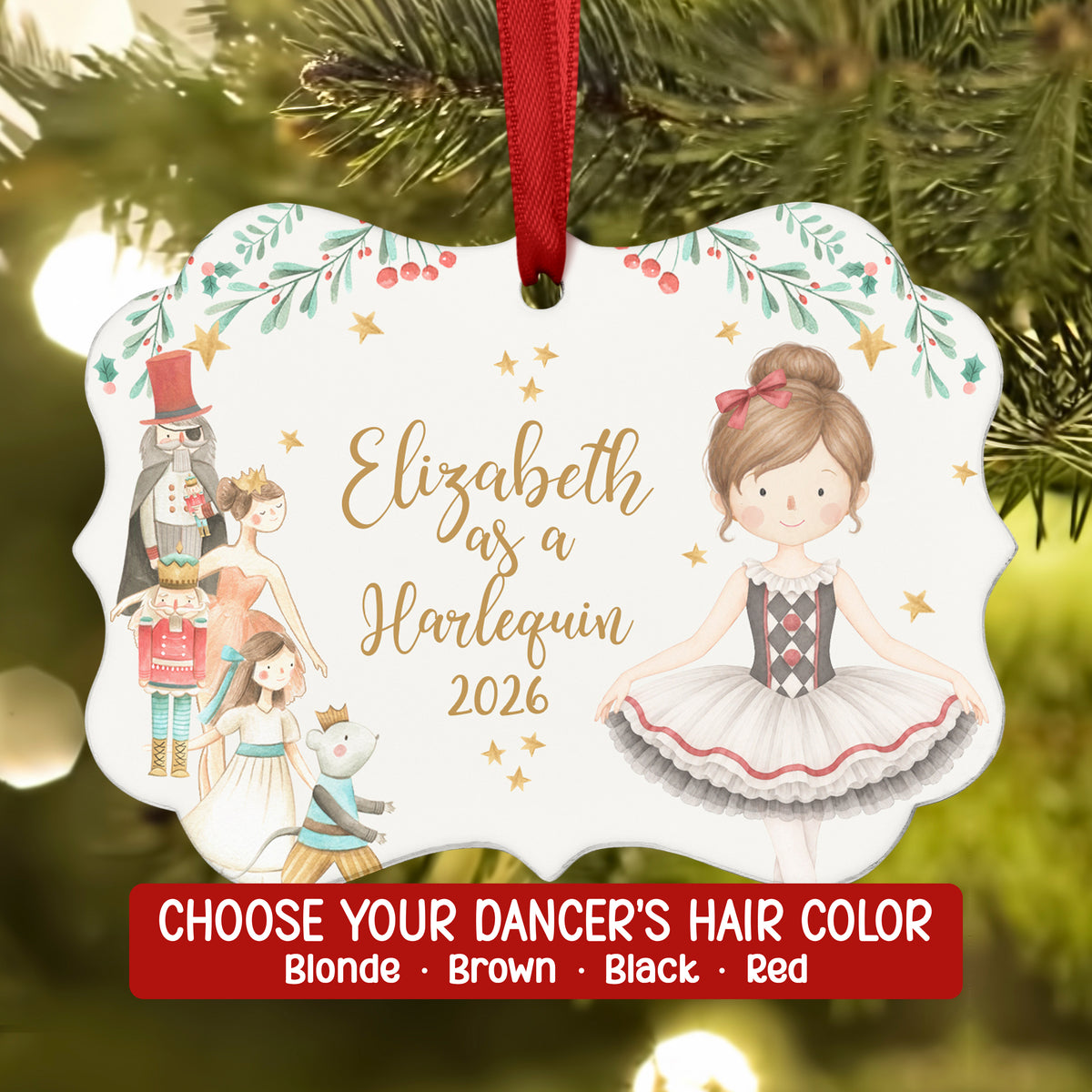 Harlequin Jester Polichinelle Columbine Nutcracker Christmas Ornament Personalized Custom Holiday Decor Gift Girl Ballerina Ballet Watercolor