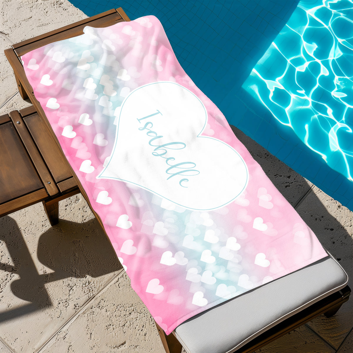 Pink Heart Personalized Beach Towel • Custom 30x60 Swimming Swim Bath Bathroom Pool