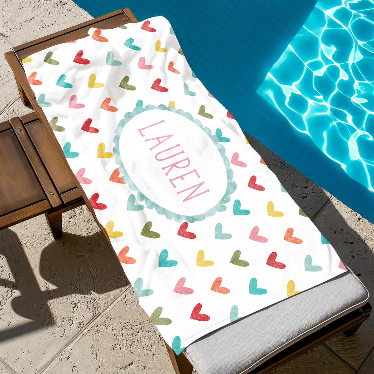 Rainbow Hearts Personalized Beach Towel • Custom 30x60 Swimming Swim Bath Bathroom Pool