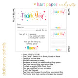Rainbow Hearts Thank You Note Card Stationery • Fill in Blank, Lined or Blank Cards
