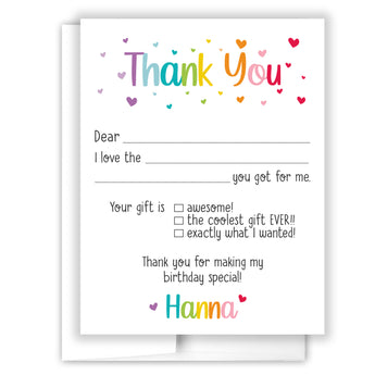 Rainbow Hearts Thank You Note Card Stationery • Fill in Blank, Lined or Blank Cards