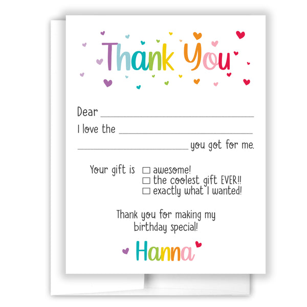Rainbow Hearts Thank You Note Card Stationery • Fill in Blank, Lined or Blank Cards