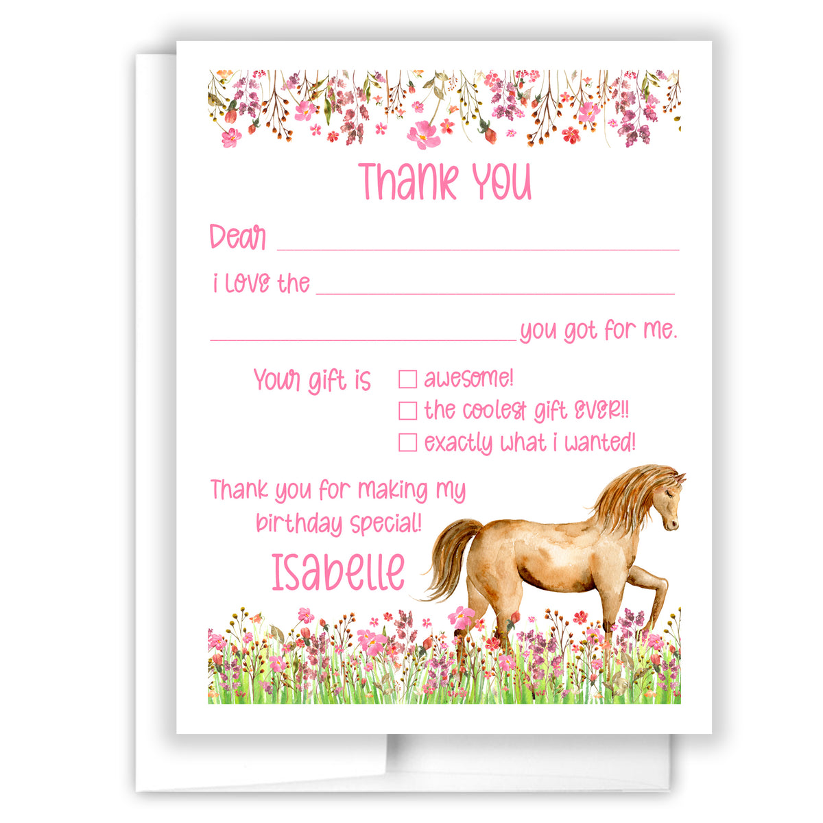 Horse Thank You Note Card Personalized Custom Stationery • Fill in Blank, Lined or Blank Cards