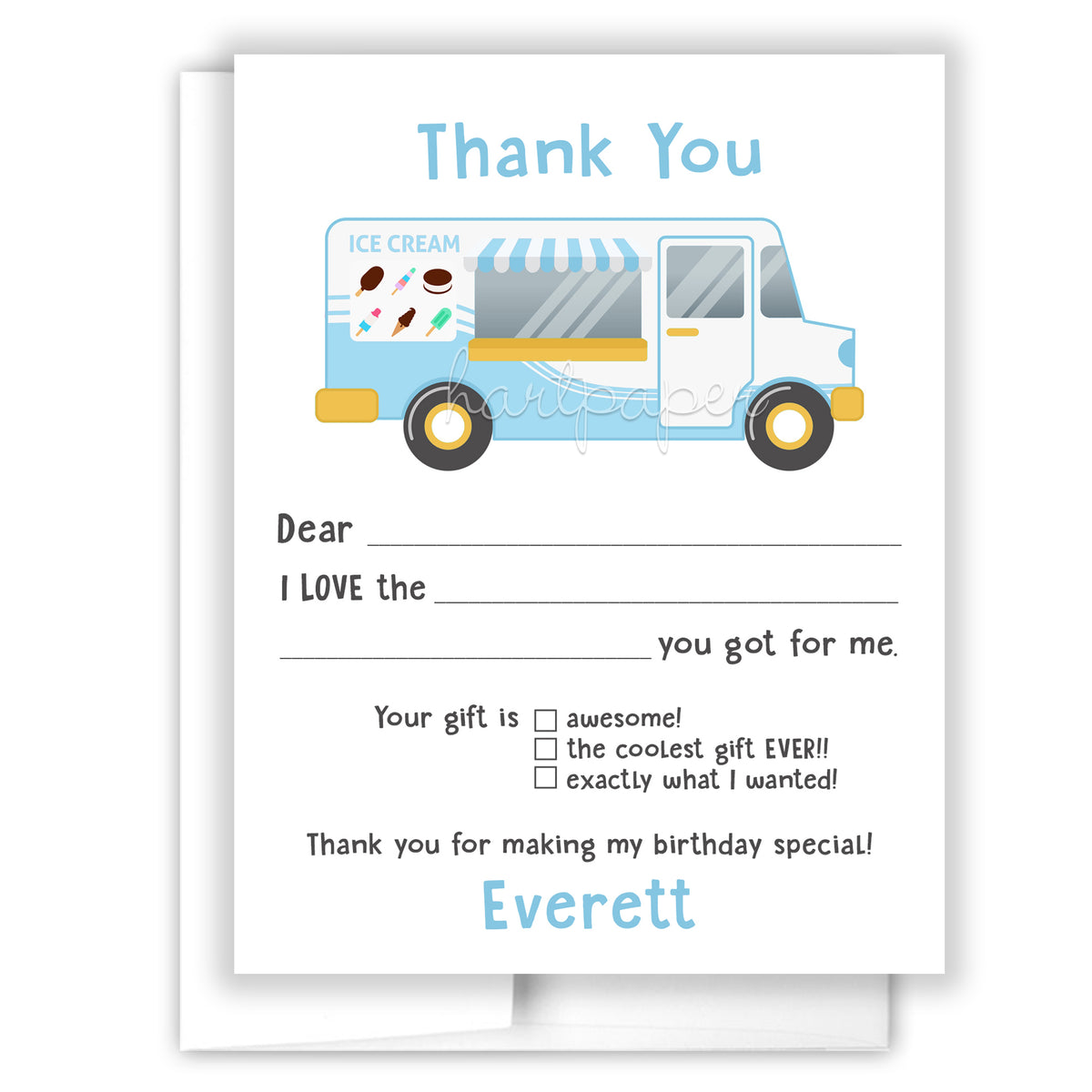Ice Cream Truck Thank You Note Card Personalized Custom Stationery • Fill in Blank, Lined or Blank Cards