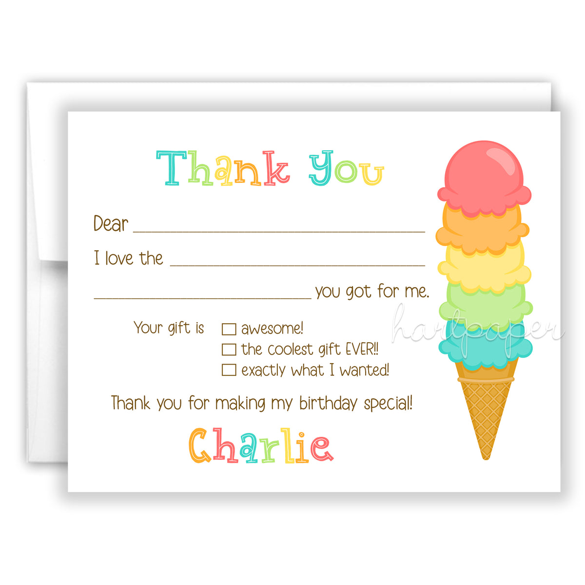 Ice Cream Thank You Note Card Personalized Custom Stationery • Fill in Blank, Lined or Blank Cards