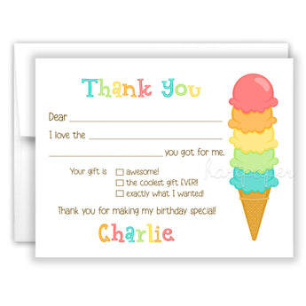 Ice Cream Thank You Note Card Stationery • Fill in Blank, Lined or Blank Cards