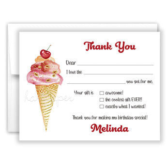 Ice Cream Thank You Note Card Stationery • Fill in Blank, Lined or Blank Cards