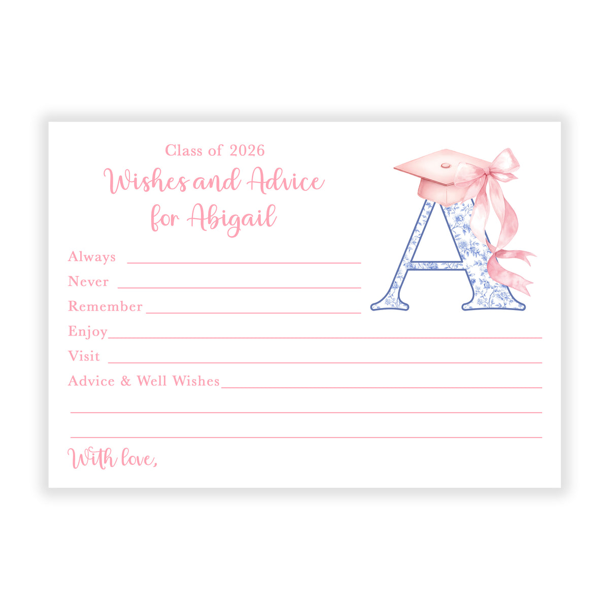 Coquette Bow Toile Graduation Party Advice Wish Wishes Cards Personalized Flat Stationery Custom Printed Party Open House Decorations Graduate Decor