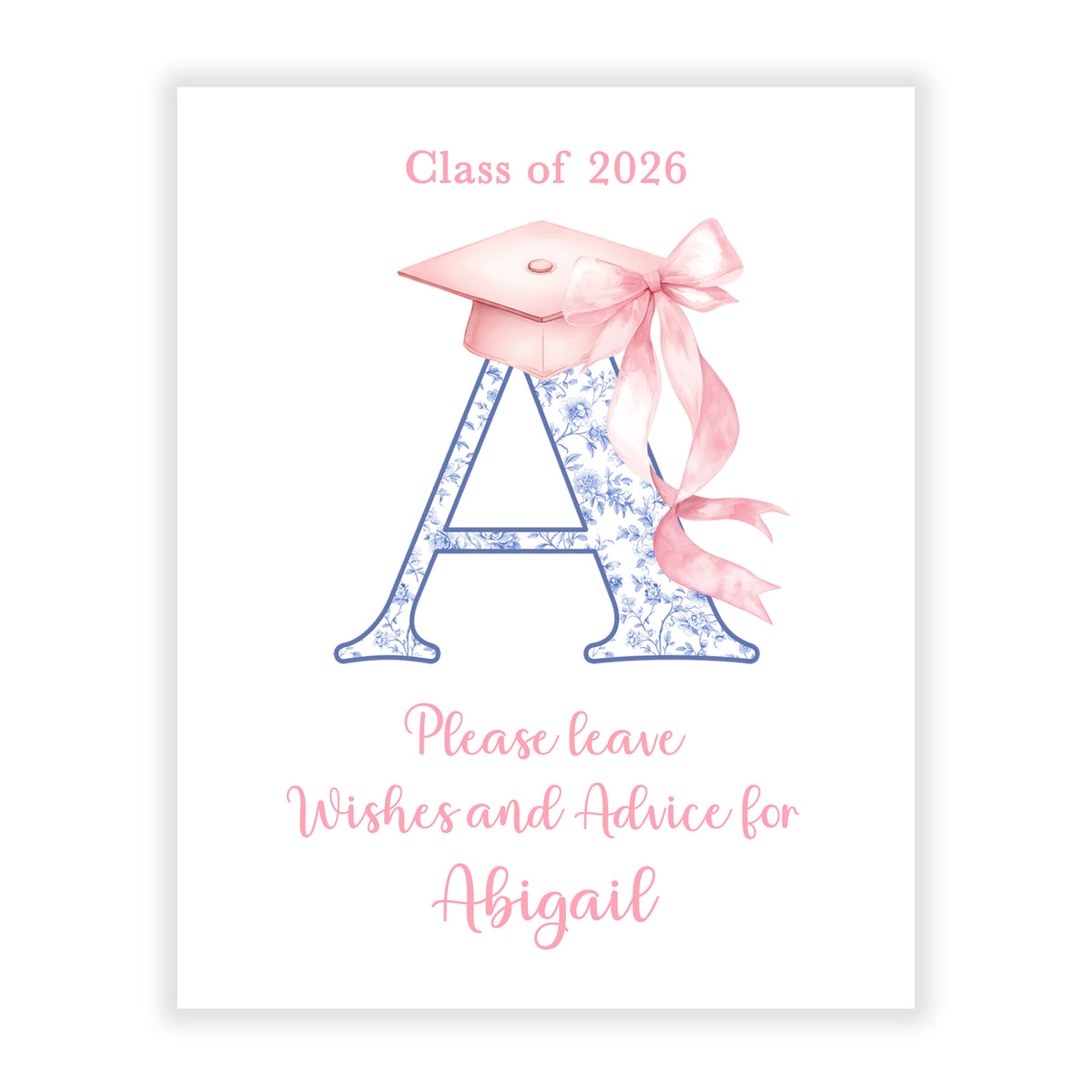 Coquette Bow Toile Initial Sign for Graduation Party Advice Wish Wishes Cards Personalized • Stationery Custom Printed Open House Decorations Graduate Decor
