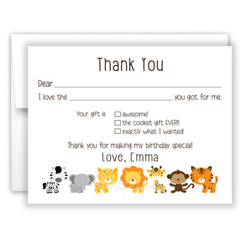 Safari Animals Thank You Note Card Stationery • Fill in Blank, Lined or Blank Cards