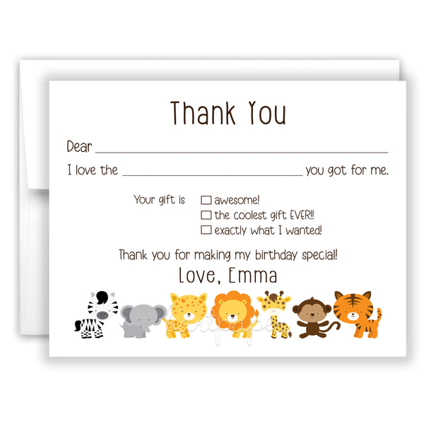 Safari Animals Thank You Note Card Stationery • Fill in Blank, Lined or Blank Cards
