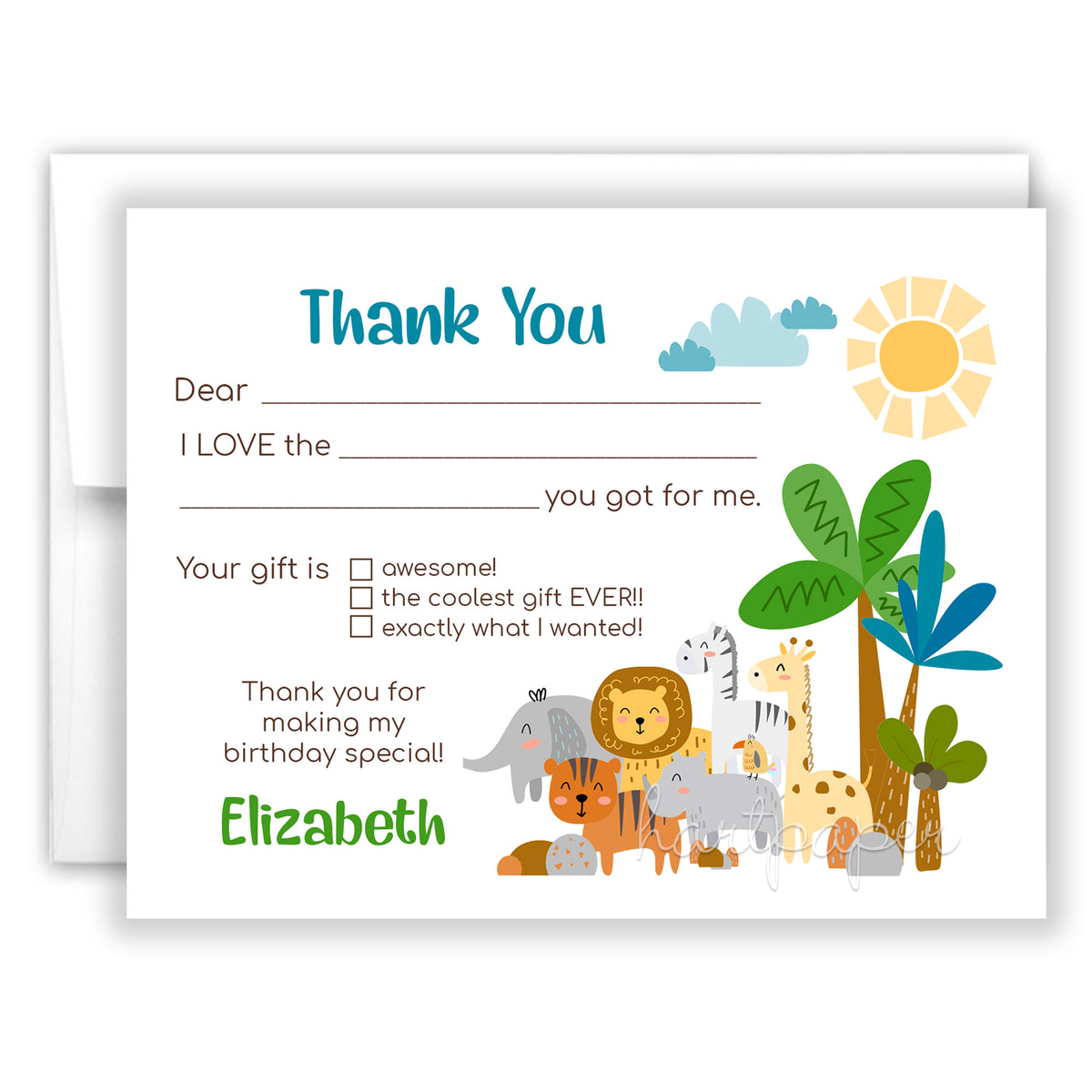 Safari Animals Thank You Note Card Personalized Custom Stationery • Fill in Blank, Lined or Blank Cards