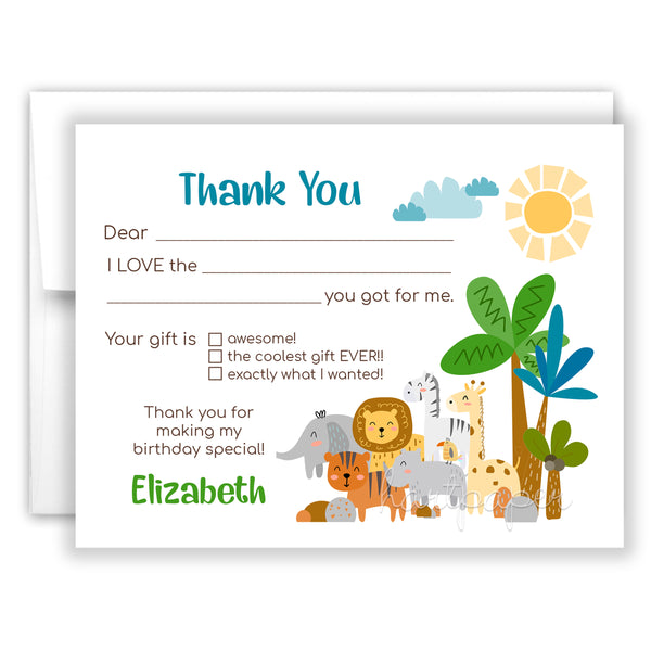 Safari Animals Thank You Note Card Stationery • Fill in Blank, Lined or Blank Cards