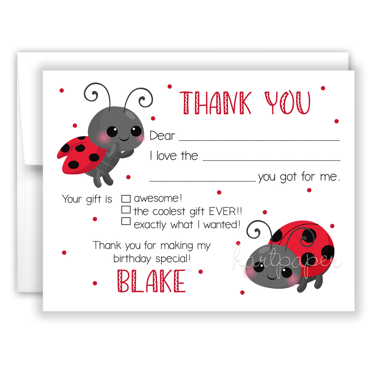Ladybug Thank You Note Card Personalized Custom Stationery • Fill in Blank, Lined or Blank Cards