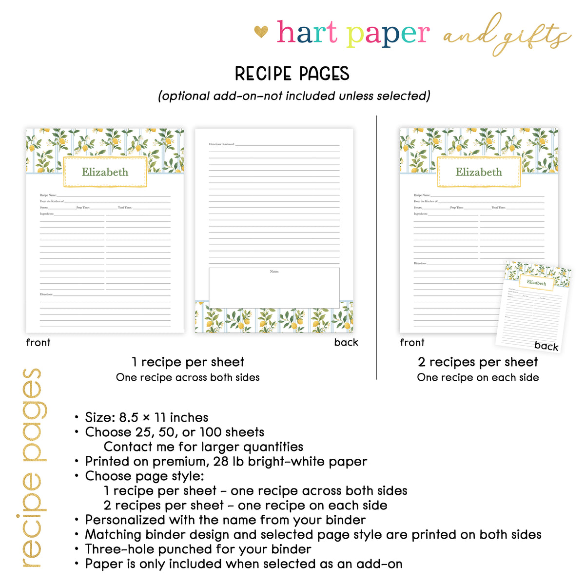A product information graphic for Hart Paper and Gifts recipe pages, showing sample printable recipe page layouts with floral borders, dimensions, sheet counts, and a list of features on a white background.