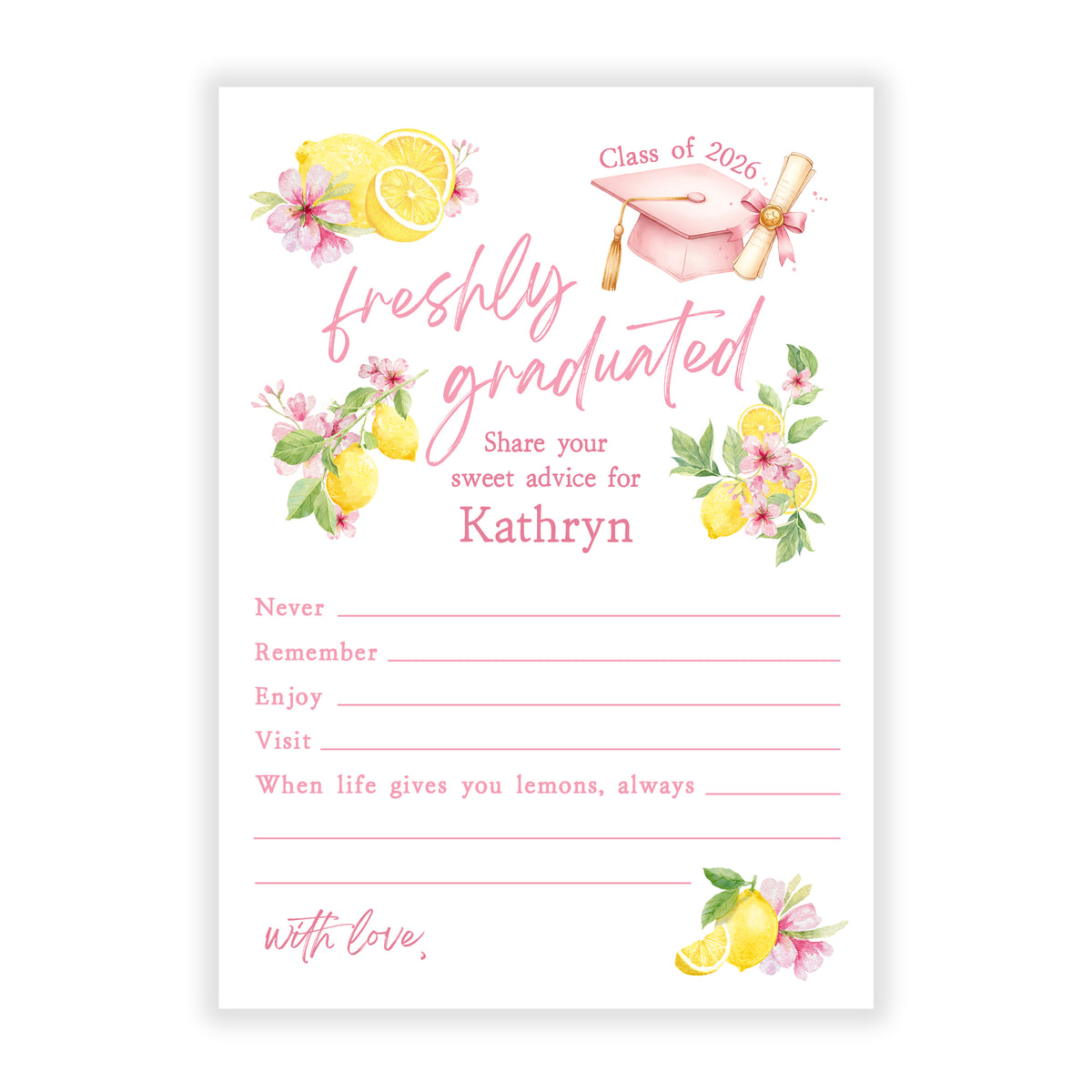 Freshly Graduated Lemon Pink Graduation Party Advice Wish Wishes Cards Personalized Flat Stationery Custom Printed Party Open House Decorations Graduate Decor