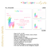 Llama Unicorn Thank You Note Card Stationery • Fill in Blank, Lined or Blank Cards