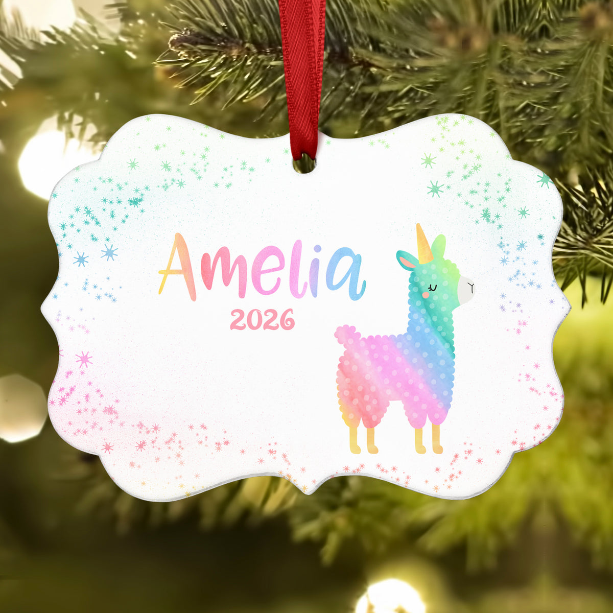 Rainbow Llama Christmas Ornament • Personalized Custom Holiday • Gift
