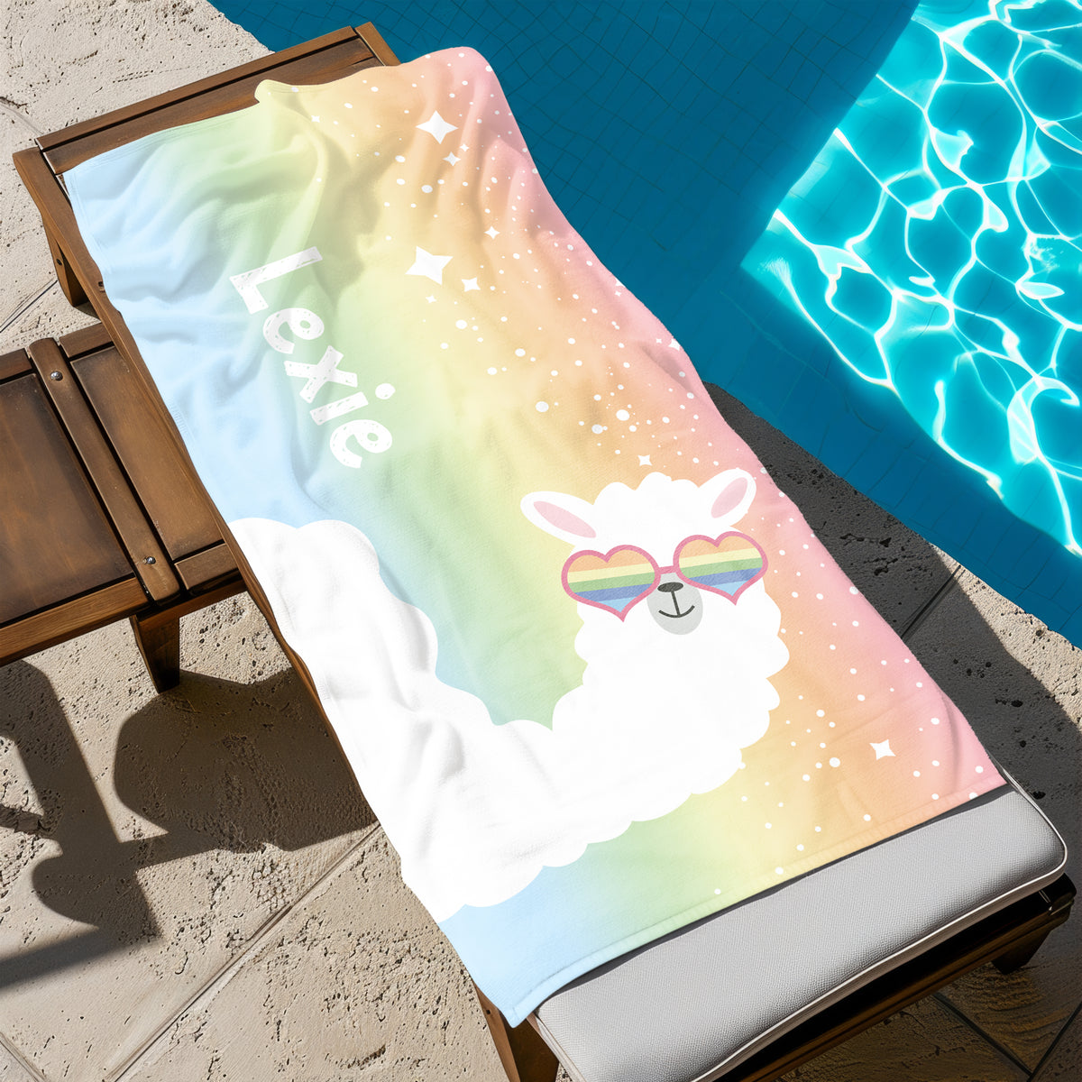 Llama Alpaca Rainbow Personalized Beach Towel • Custom 30x60 Swimming Swim Bath Bathroom Pool