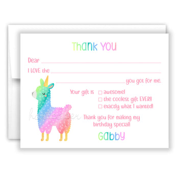 Llama Unicorn Thank You Note Card Stationery • Fill in Blank, Lined or Blank Cards