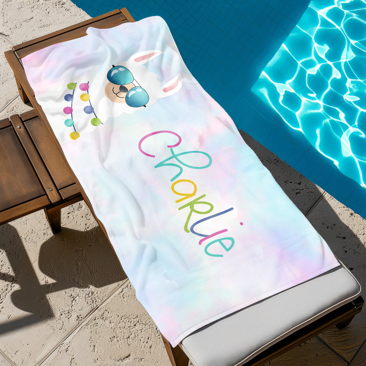 Llama Alpaca Rainbow Personalized Beach Towel • Custom 30x60 Swimming Swim Bath Bathroom Pool