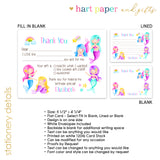 Mermaid Thank You Note Card Stationery • Fill in Blank, Lined or Blank Cards