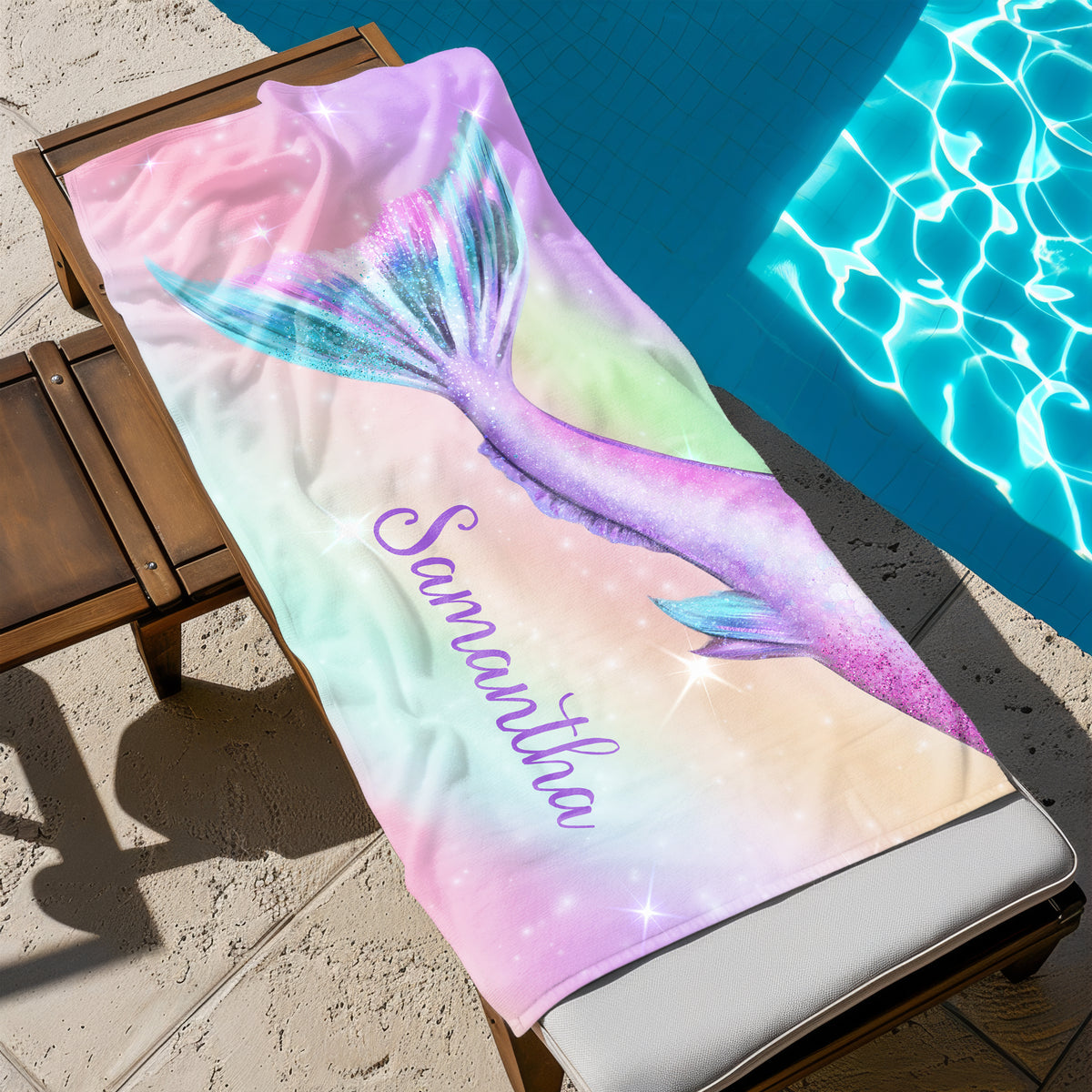 Rainbow Mermaid Tail Personalized Beach Towel • Custom 30x60 Swimming Swim Bath Bathroom Pool