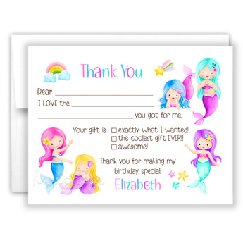Mermaid Thank You Note Card Stationery • Fill in Blank, Lined or Blank Cards