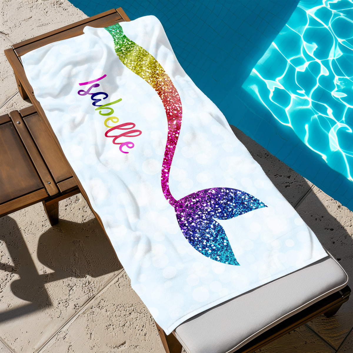 Rainbow Mermaid Tail Personalized Beach Towel • Custom 30x60 Swimming Swim Bath Bathroom Pool