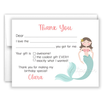 Mermaid Thank You Note Card Stationery • Fill in Blank, Lined or Blank Cards