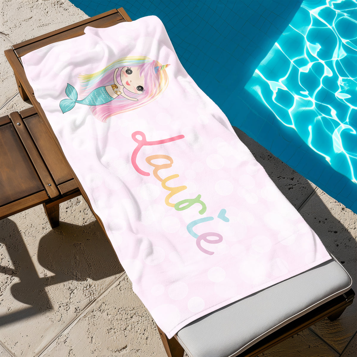 Rainbow Mermaid Personalized Beach Towel • Custom 30x60 Swimming Swim Bath Bathroom Pool
