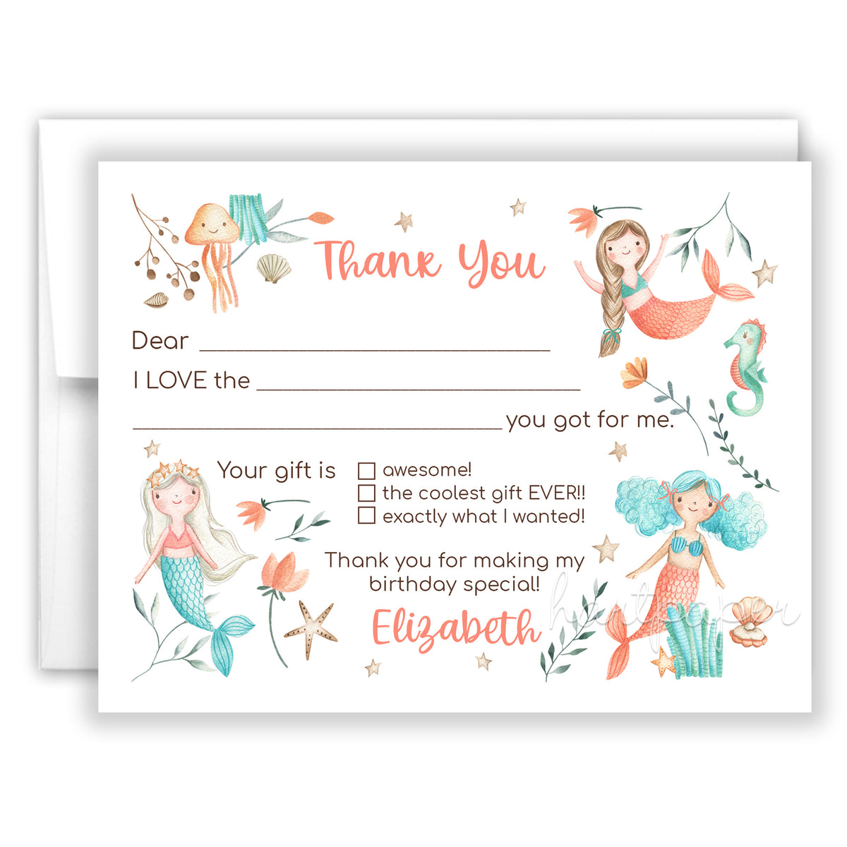 Mermaid Thank You Note Card Personalized Custom Stationery • Fill in Blank, Lined or Blank Cards