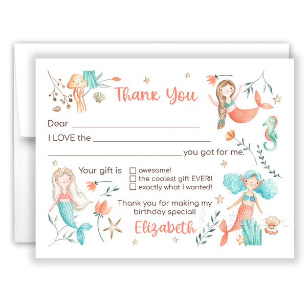 Mermaid Thank You Note Card Stationery • Fill in Blank, Lined or Blank Cards