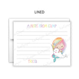 Mermaid Narwhal Camp News Summer Camping Note Cards Stationery • Fill in Blank, Lined or Blank Cards
