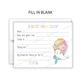 Mermaid Narwhal Camp News Summer Camping Note Cards Stationery • Fill in Blank, Lined or Blank Cards