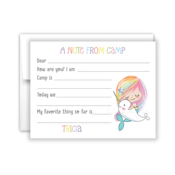 Mermaid Narwhal Camp News Summer Camping Note Cards Stationery • Fill in Blank, Lined or Blank Cards