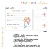 Mermaid Narwhal Camp News Summer Camping Note Cards Stationery • Fill in Blank, Lined or Blank Cards