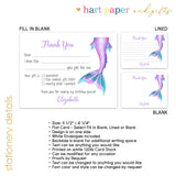 Mermaid Tail Thank You Note Card Stationery • Fill in Blank, Lined or Blank Cards