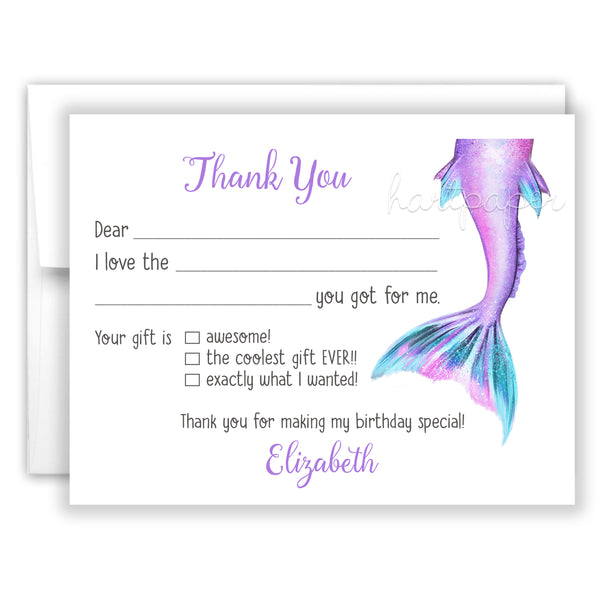 Mermaid Tail Thank You Note Card Stationery • Fill in Blank, Lined or Blank Cards