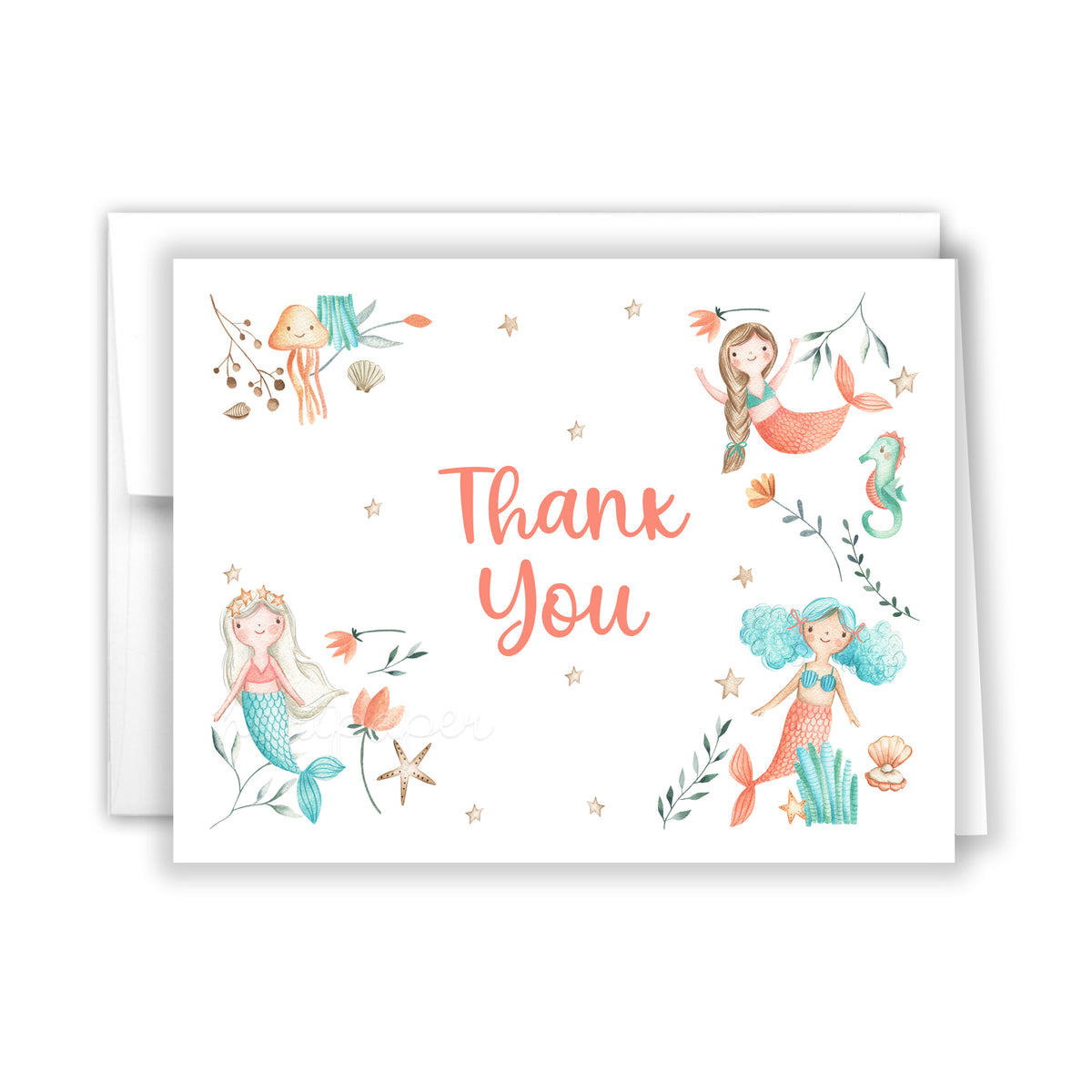 Mermaid Rainbow Thank You Cards Note Card Personalized Custom Stationery • Flat or Folded