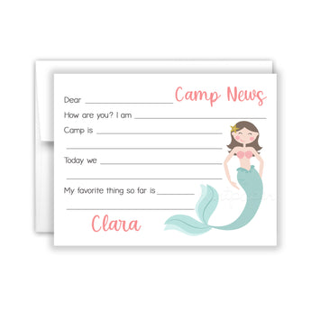 Mermaid Camp News Summer Camping Note Cards Stationery • Fill in Blank, Lined or Blank Cards