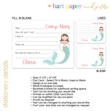 Mermaid Camp News Summer Camping Note Cards Stationery • Fill in Blank, Lined or Blank Cards