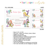 Mermaid Thank You Note Card Stationery • Fill in Blank, Lined or Blank Cards