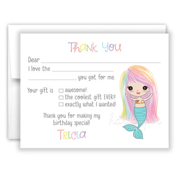 Mermaid Thank You Note Card Stationery • Fill in Blank, Lined or Blank Cards