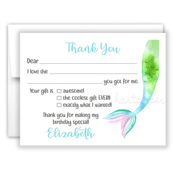 Mermaid Tail Thank You Note Card Stationery • Fill in Blank, Lined or Blank Cards