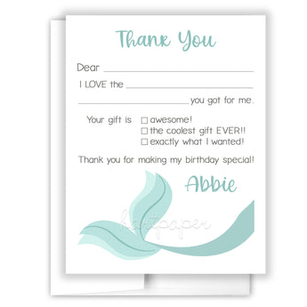 Mermaid Tail Thank You Note Card Stationery • Fill in Blank, Lined or Blank Cards