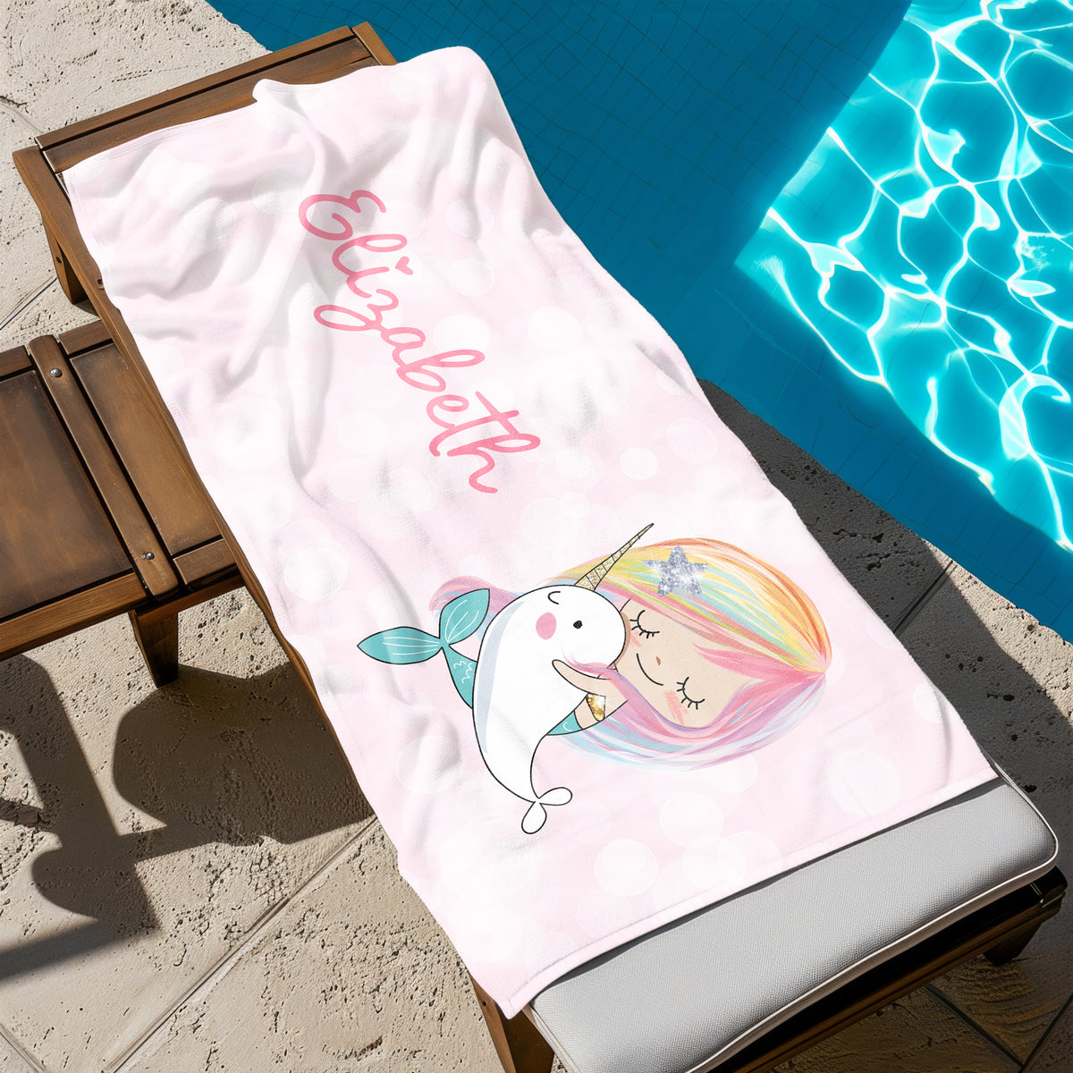 Rainbow Mermaid Narwhal Personalized Beach Towel • Custom 30x60 Swimming Swim Bath Bathroom Pool