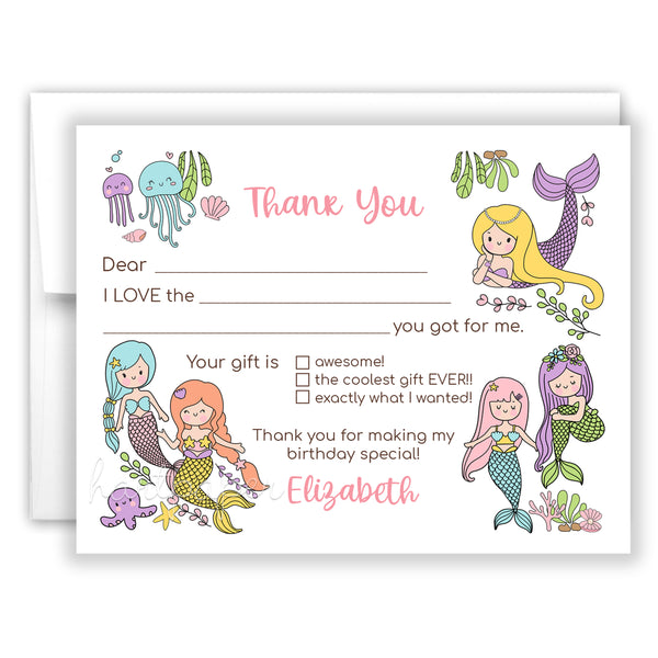 Mermaid Thank You Note Card Stationery • Fill in Blank, Lined or Blank Cards