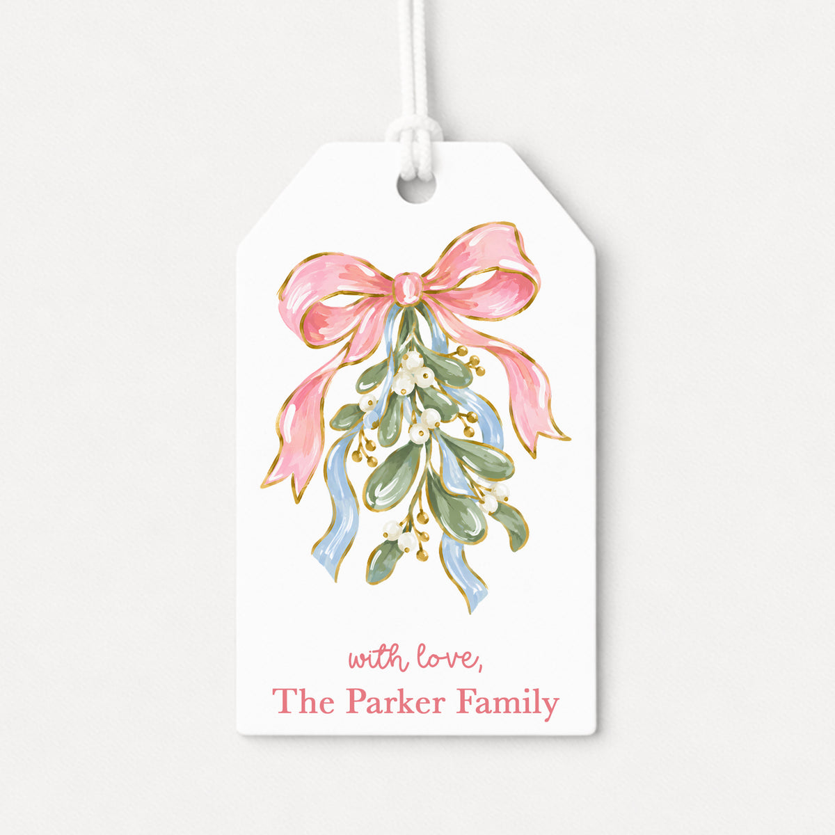 Pink Mistletoe Holly Coquette Bow Bows Personalized Gift Tags • Christmas Holiday Gift Wrapping • Custom Family Name Tag • Gifts Whimsical